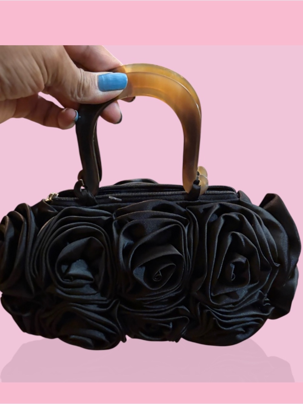 Black Rose Applique Clutch with Amber-Style Top Handle